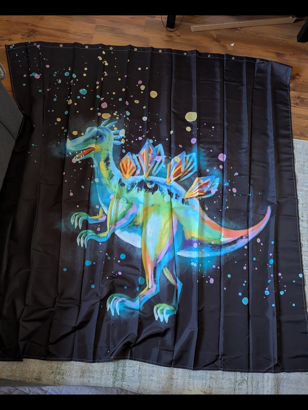 New Black Dino Fabric Shower And Hooks Curtain with Neon Rainbow Stegosaurus